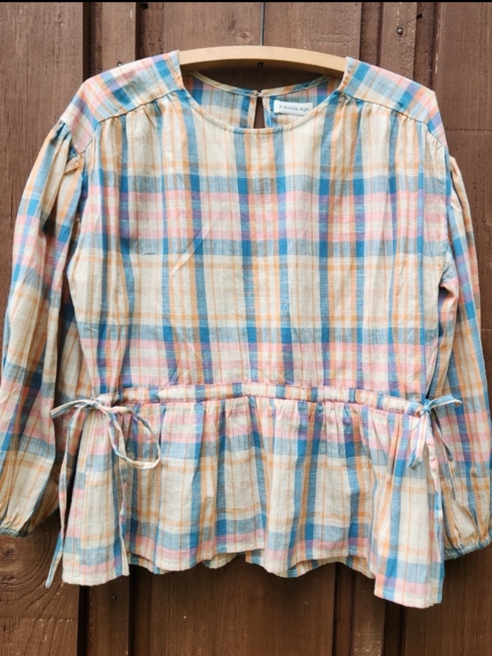Bronze Age Plaid Peplum Blouse in Pastel Multi
